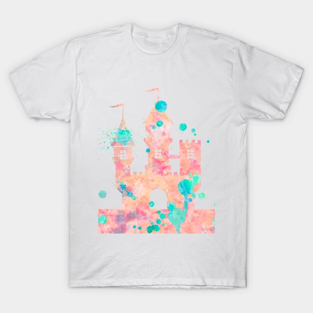 Princess Castle Watercolor Painting Pink Turquoise T-Shirt by Miao Miao Design